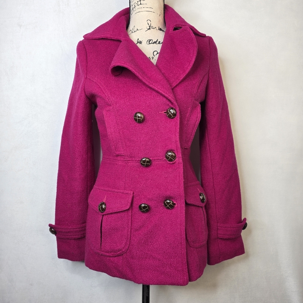 Y2k Cotton Candy Magenta Pink Wool Blend Double Breasted Peacoat Jacket Small